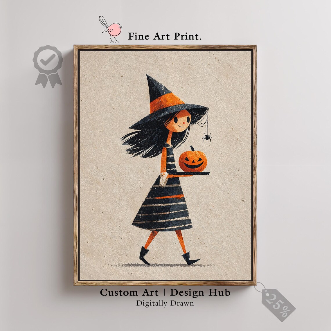 Cute Halloween Witch Girl Pumpkin Retro Illustration Poster Fall Decor Art