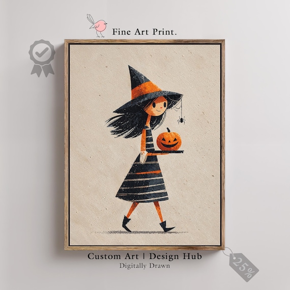 Cute Halloween Witch Wall Art Whimsical Girl Illustration With Pumpkin Playful Spooky Decor Print Childrens Autumn Artwork