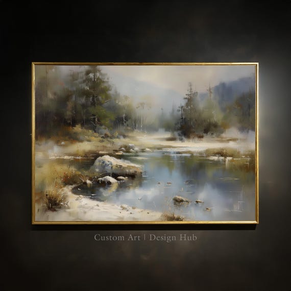 Rustic River Landscape Art Print Serene Mountain View Cabin Decor