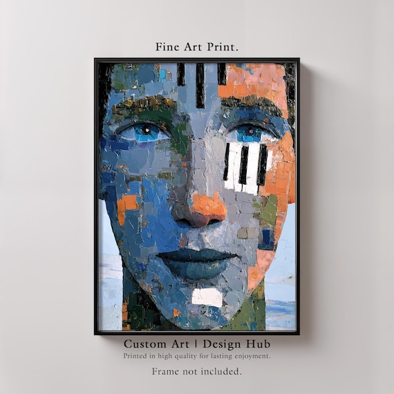 Abstract Piano Face Textured Blue Mosaic Surreal Music Art Print