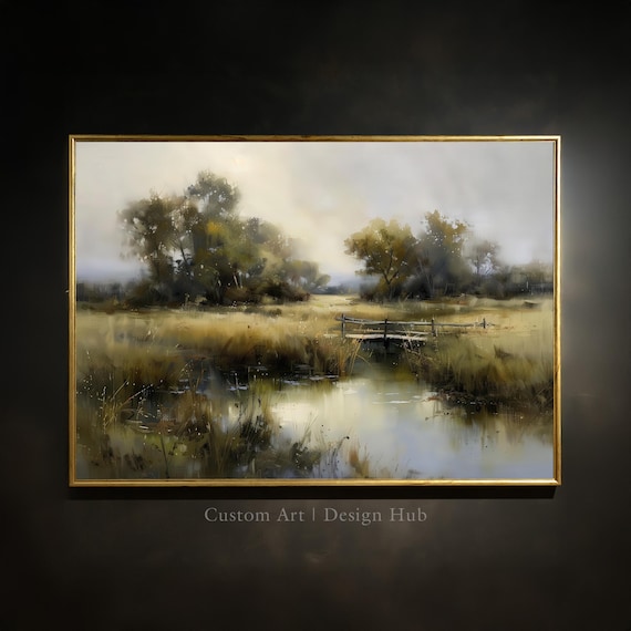 Rustic Pond with Wooden Footbridge Golden Countryside Poster