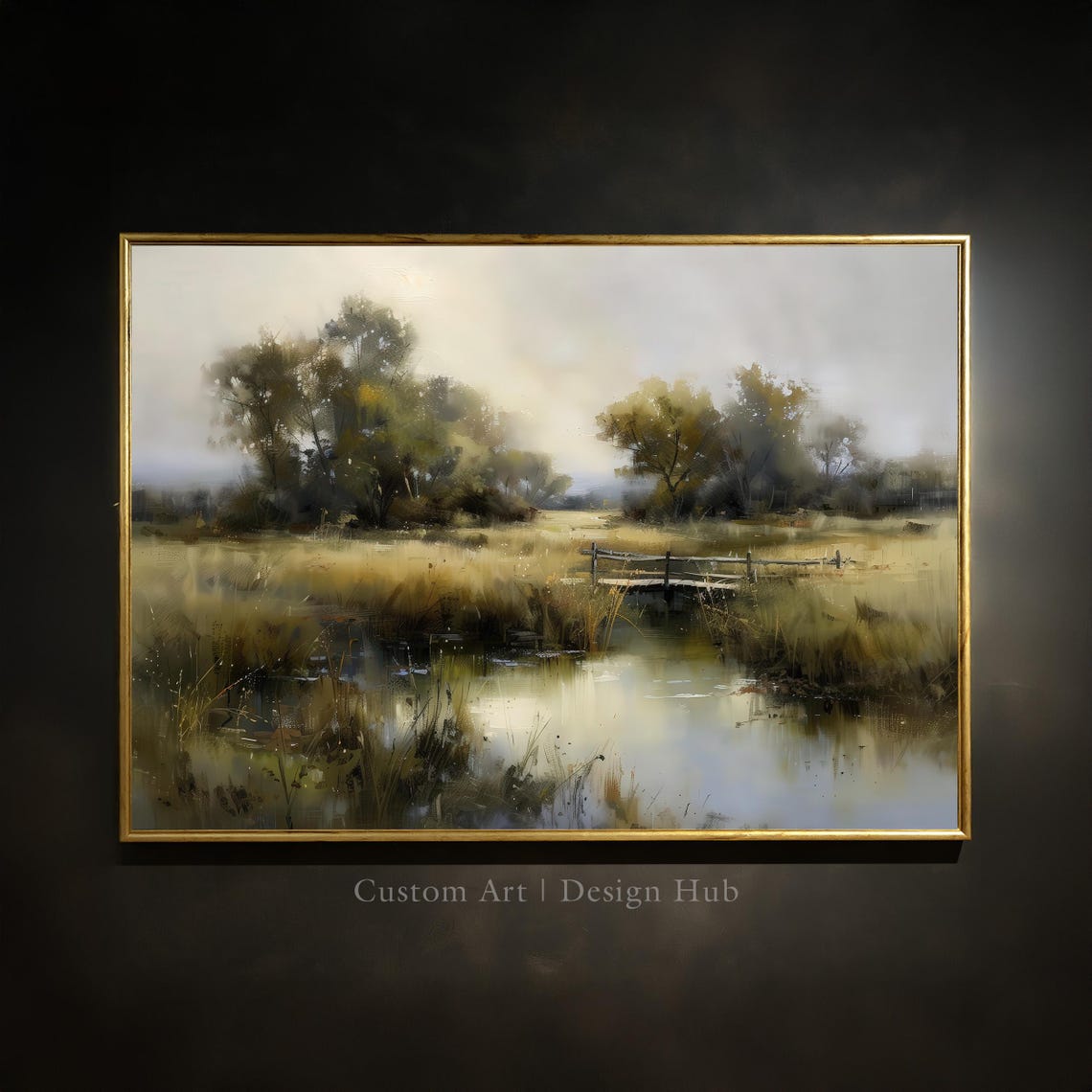 Rustic Pond with Wooden Footbridge Golden Countryside Poster