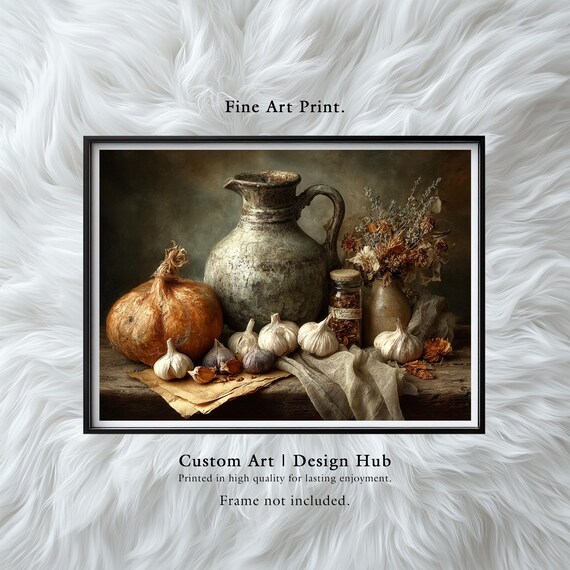 Rustic Kitchen Still Life Art Print Garlic Pumpkin Dried Flowers