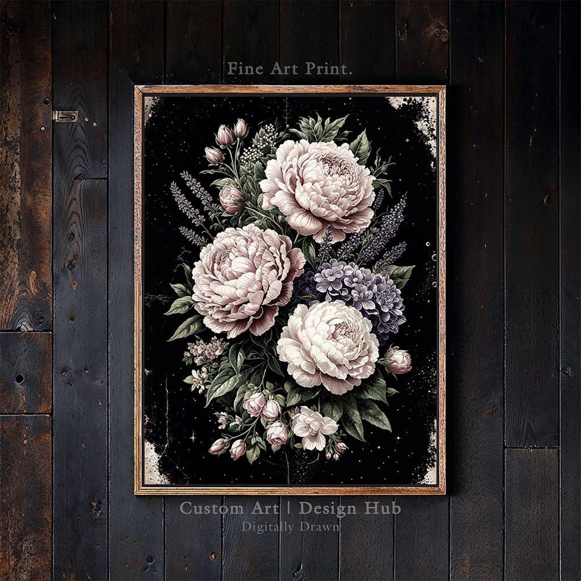 Vintage Pink Peony Bouquet Black Background Botanical Painting Poster