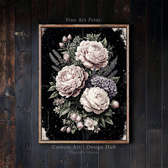Vintage Pink Peony Bouquet Black Background Botanical Painting Poster