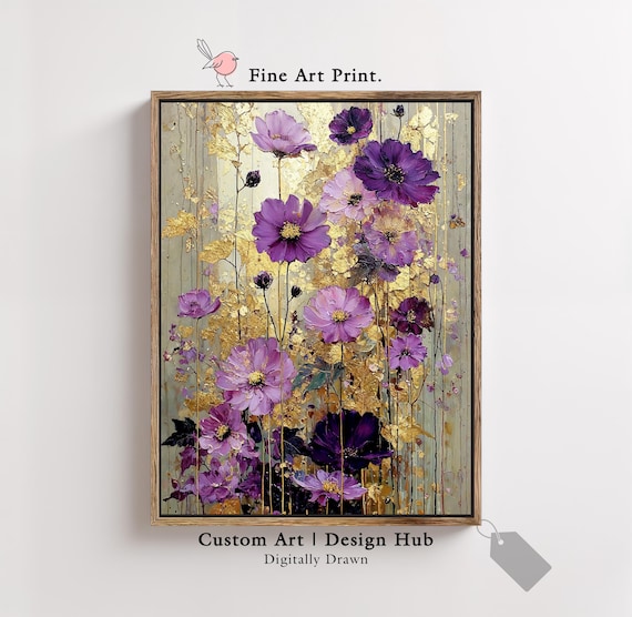Purple Floral Wall Art Print Gold Leaf Effect Botanical Poster Elegant Modern Flower Decor