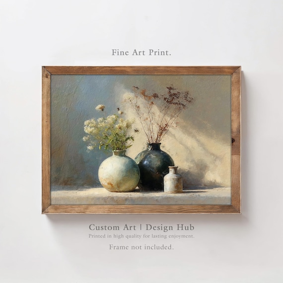 Ceramic Vase Still Life Poster White Wildflowers Rustic Painting
