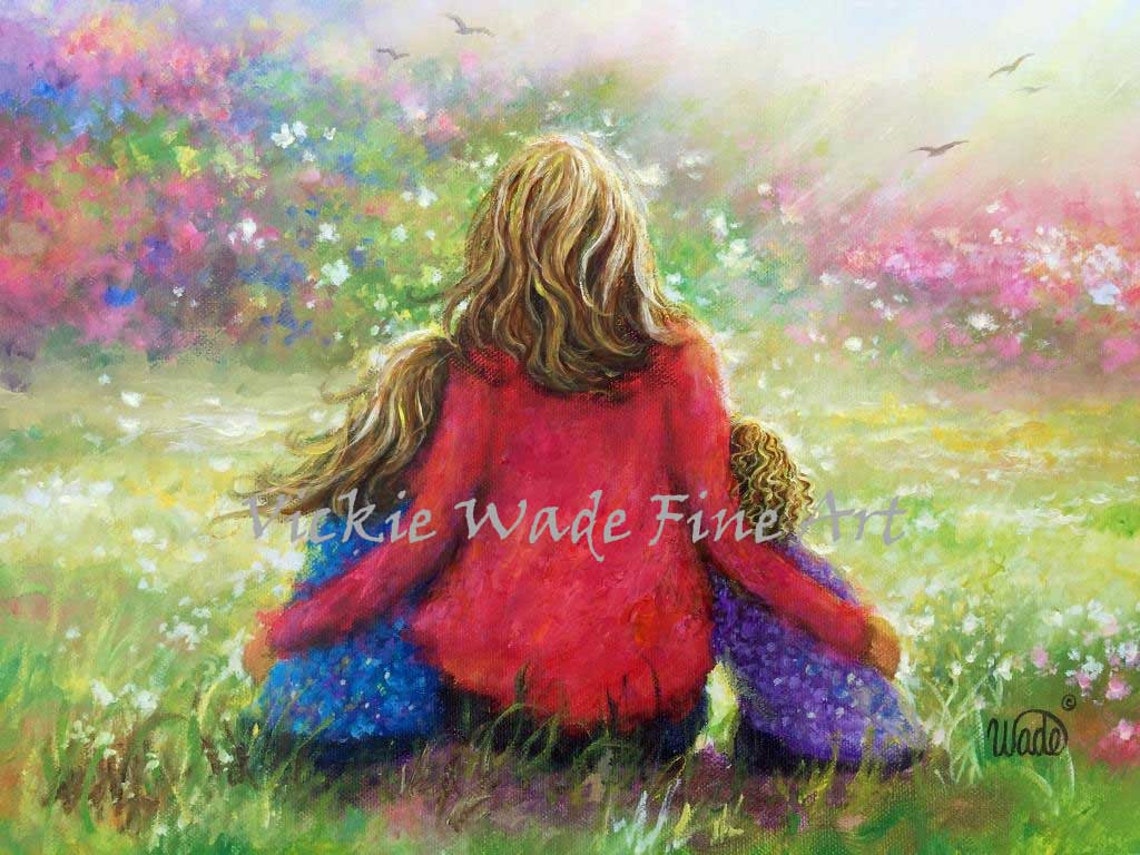 Mother Hugging Her Two Daughters in a Blooming Flower Field Poster