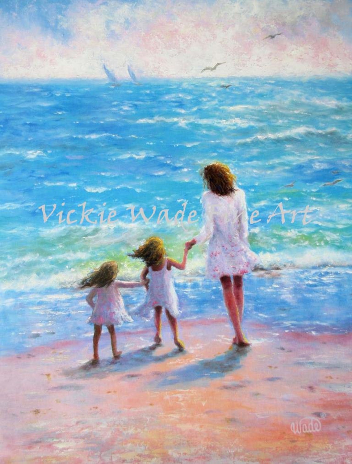 Mother Walking With Two Daughters Along Sparkling Ocean Shore Poster