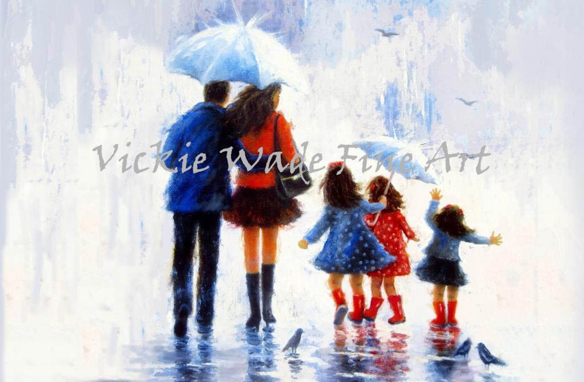 Family Stroll in Rain Parents Three Daughters Umbrellas Poster