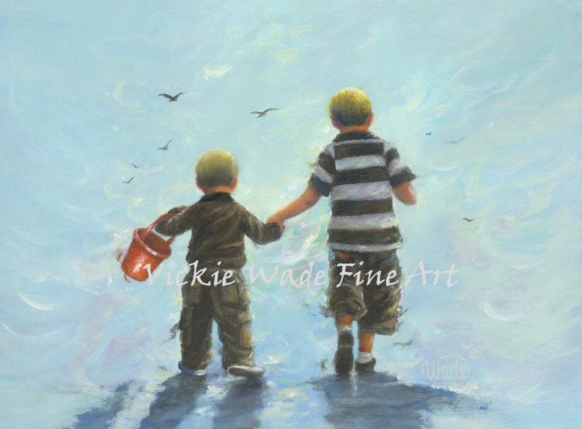 Two Little Boys Holding Hands Walking Into the Ocean Waves Poster