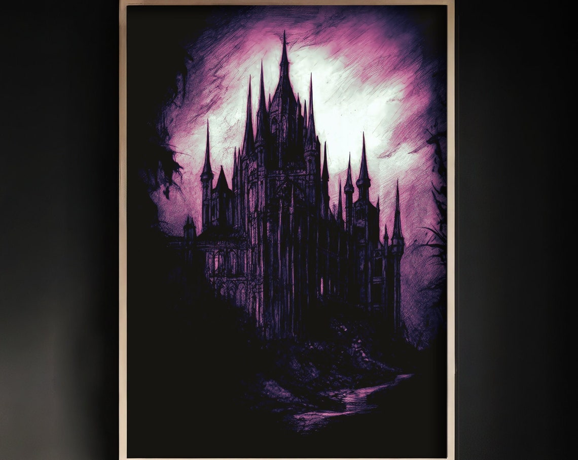 Gothic Purple Castle Silhouette Moonlight Dark Fantasy Wall Art