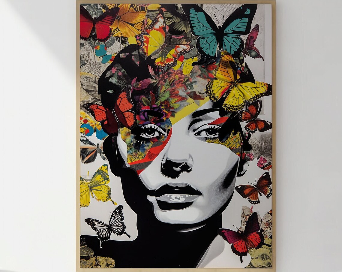 Pop Art Woman Face Colorful Butterfly Collage Modern Wall Art