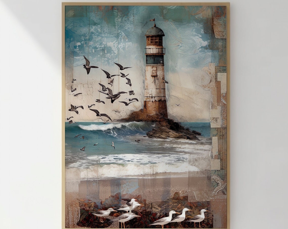 Vintage Lighthouse Coastal Beach Seagulls Collage Art Poster
