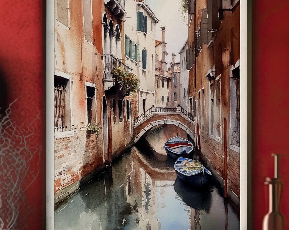 Venice Italy Quiet Canal with Stone Bridge Antique Watercolor Print
