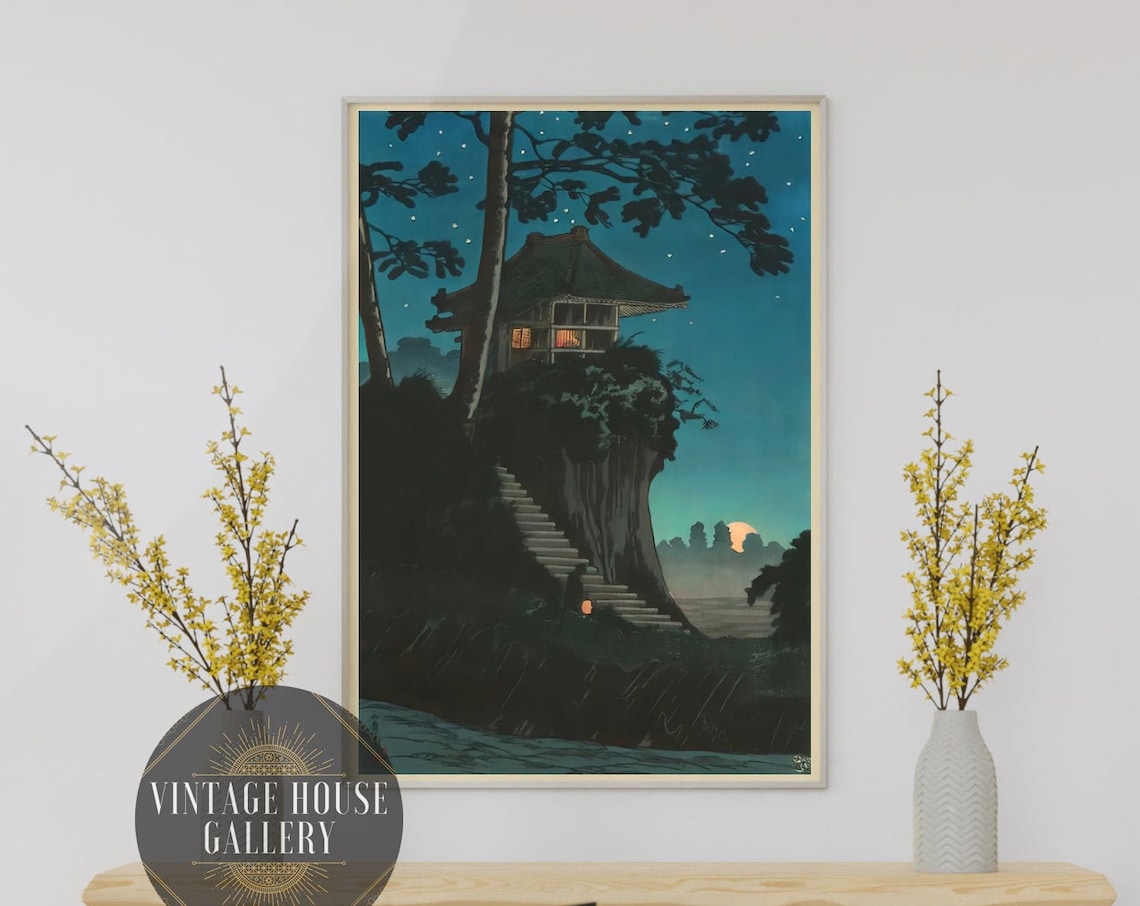 Moonlit Temple On Cliff Over River Japanese Woodblock Art Poster