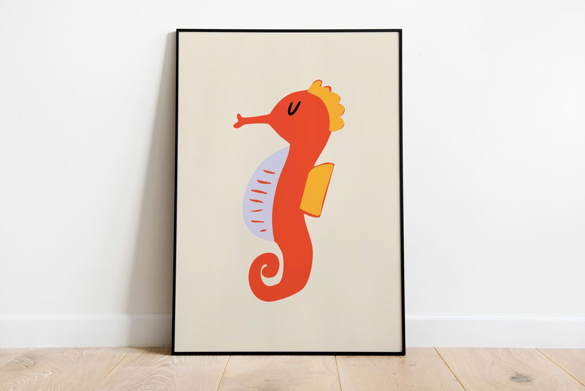 Cute Orange Seahorse Minimalist Kids Nursery Ocean Art Poster