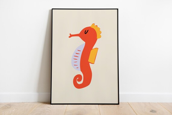 Cute Orange Seahorse Minimalist Kids Nursery Ocean Art Poster