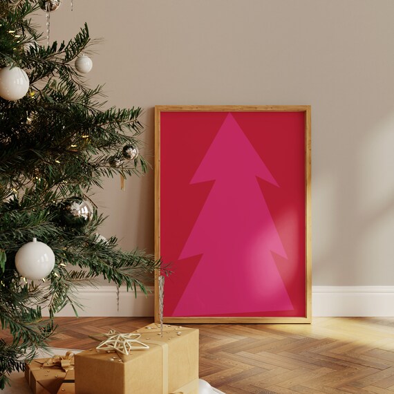 Minimalist Pink Christmas Tree Bold Red Modern Simple Holiday Wall Art