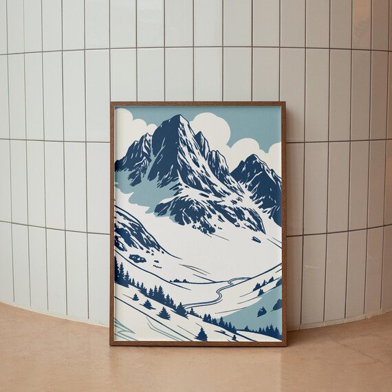 Snowy Alpine Mountain Peaks Winter Landscape Blue Decor Poster