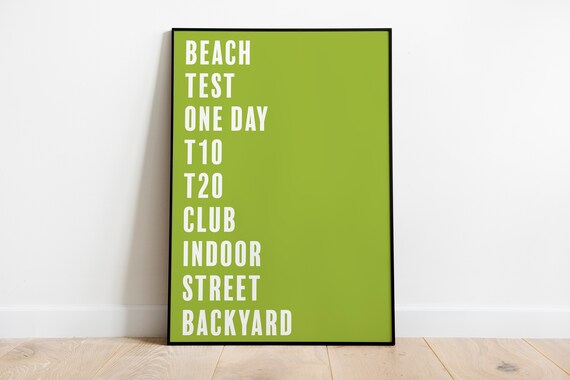 Cricket Game Formats T10 T20 One Day Test Green Sports Poster