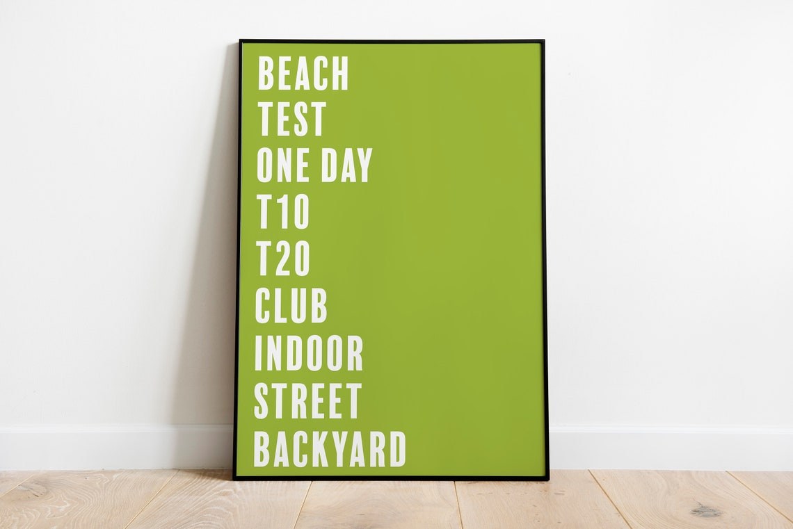 Cricket Game Formats T10 T20 One Day Test Green Sports Poster