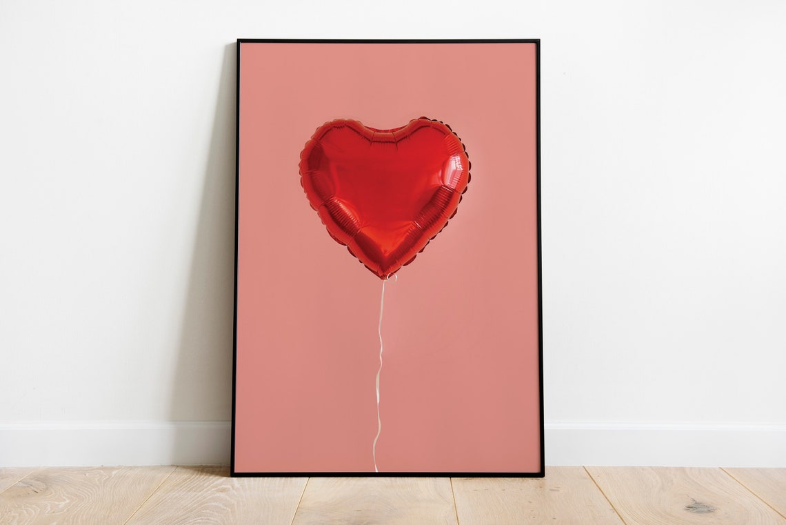 Red Foil Heart Balloon Love Minimalist Pink Valentine Wall Poster