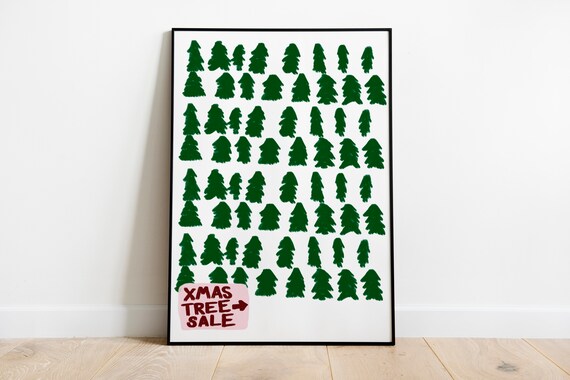 Xmas Tree Sale Farm Green Pine Grid Hand Drawn Cute Vintage Holiday Poster