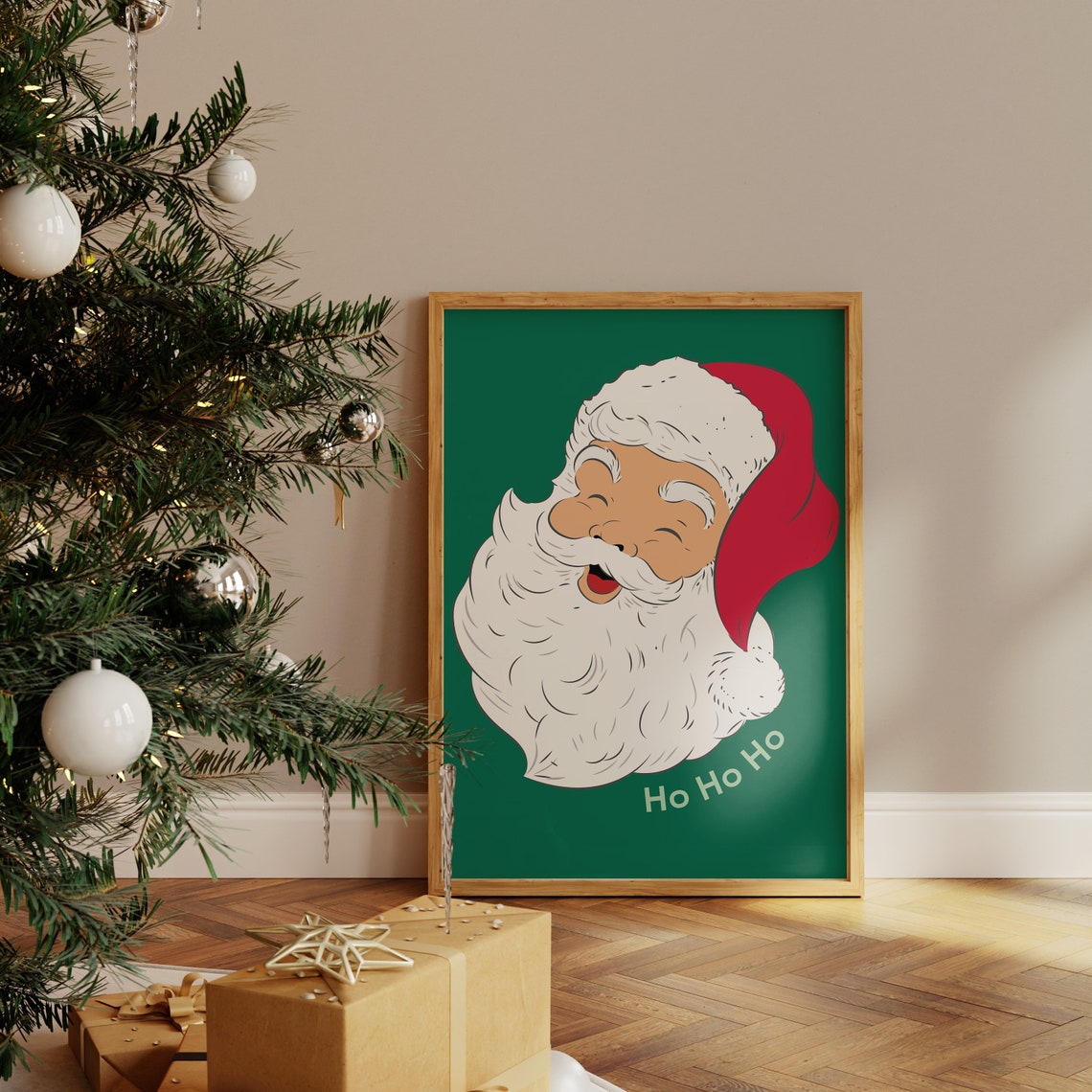Vintage Santa Claus Laughing Ho Ho Ho Green Retro Christmas Wall Art