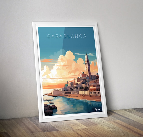 Casablanca Morocco Sunset Waterfront Mosque Skyline Travel Poster