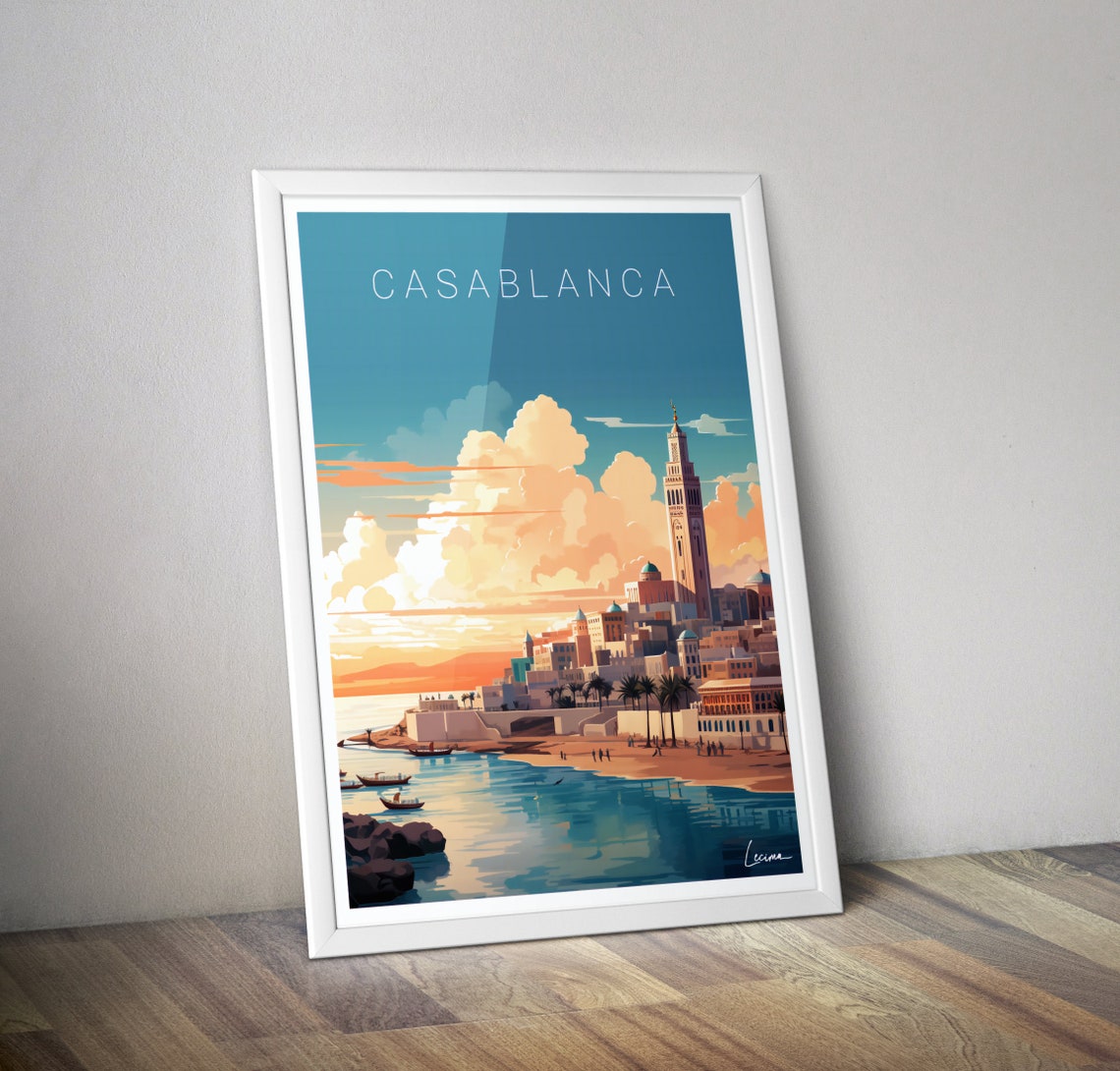 Casablanca Morocco Sunset Waterfront Mosque Skyline Travel Poster
