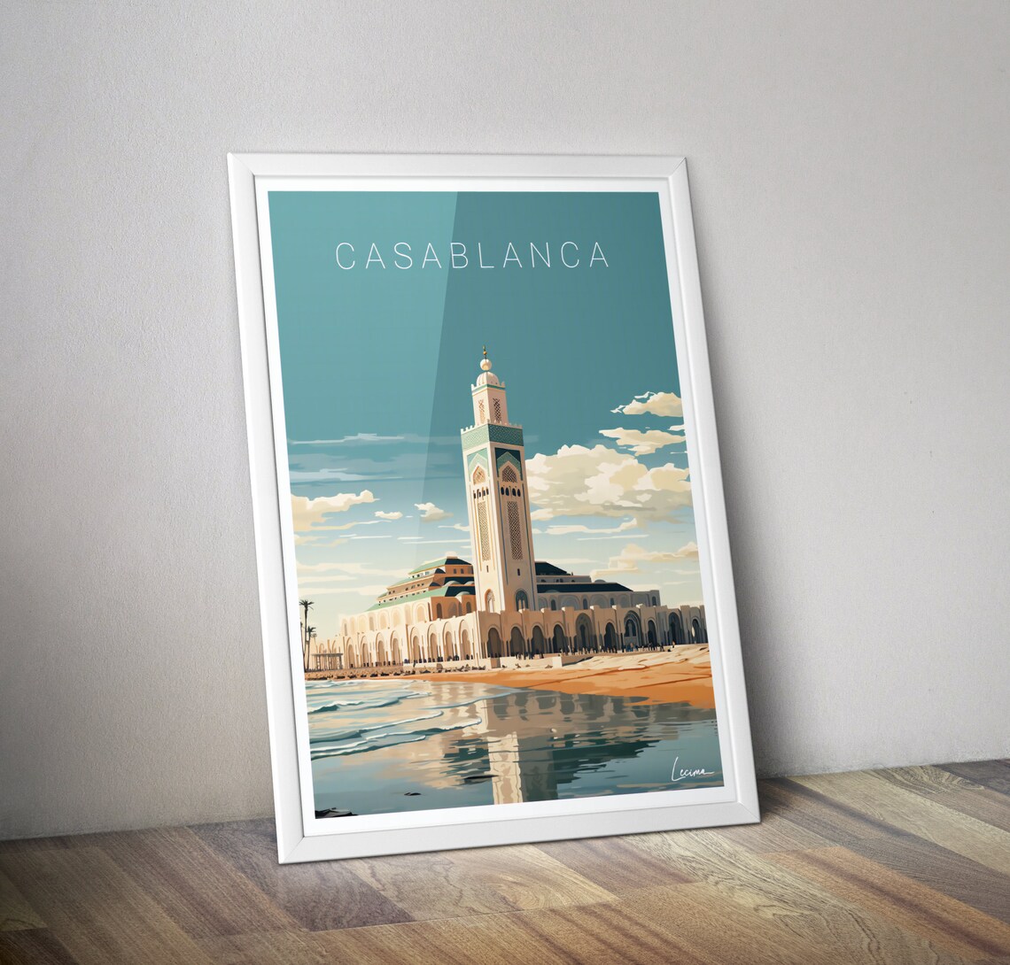 Casablanca Hassan II Mosque Daytime Beach Shore Travel Art Poster