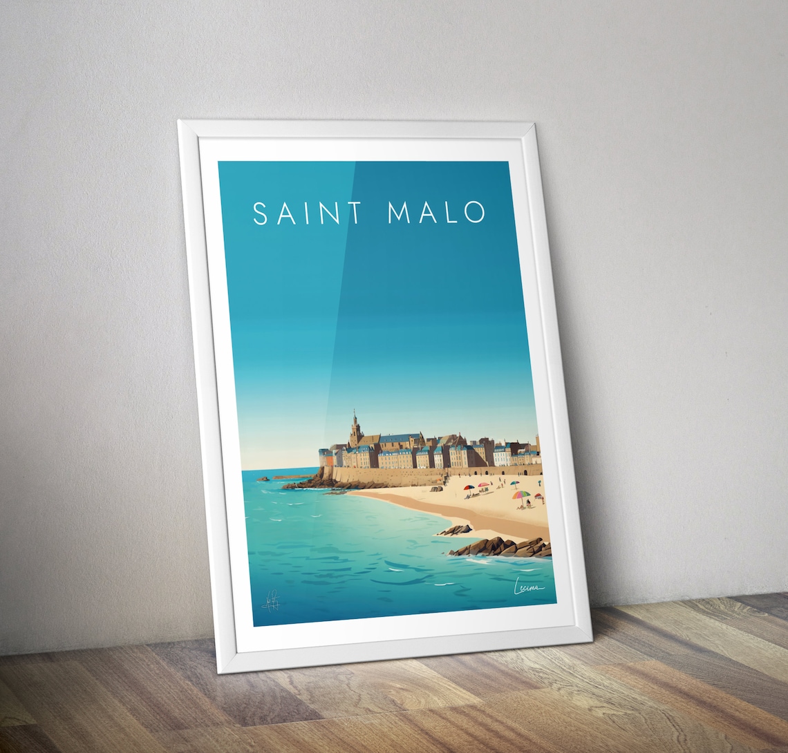 Saint Malo France Walled City Beach Parasols Travel Art Poster
