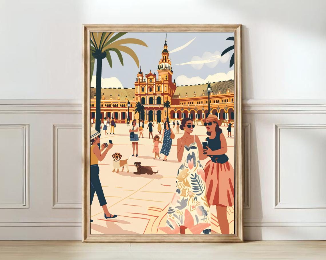 Seville Spain Plaza de Espana Sunny Day Visitors Scene Poster