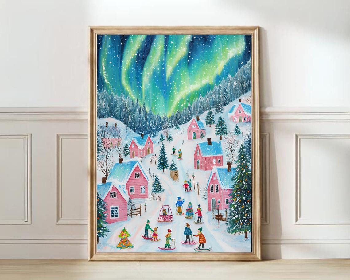 Cozy Magical Aurora Northern Lights Snowy Village Night Poster