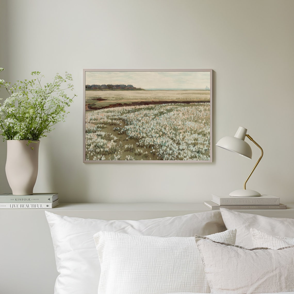 Vintage Meadow Painting Vintage Landscape Painting White Flower Field Painting Wildflowers Print Farmhouse Decor Rustic Country Art Print - Image 2