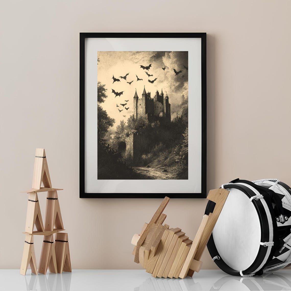 Haunted Castle Bats Sepia Vintage Etching Halloween Art Poster - Image 2