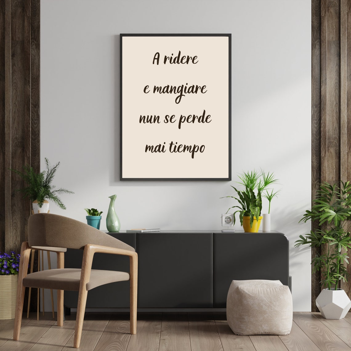 A Ridere E Mangiare Neapolitan Proverb Script Beige Wall Poster - Image 2