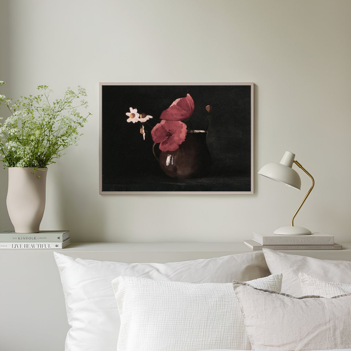 Moody Dark Floral Still Life With Pink Poppies Vintage Poster - Image 2