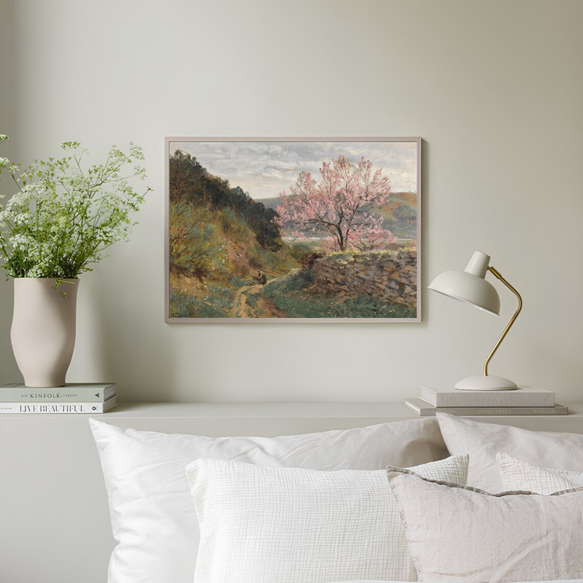 Vintage Meadow Painting Vintage Landscape Painting Cherry Blossom Painting Tree Print Vintage Print Farmhouse Decor Rustic Country Art Print - Image 3