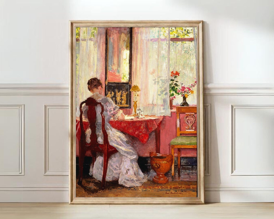 Impressionist Woman Writing at a Sunlit Pink Curtain Window Poster