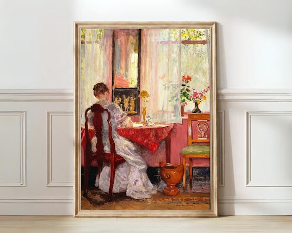 Impressionist Woman Writing at a Sunlit Pink Curtain Window Poster
