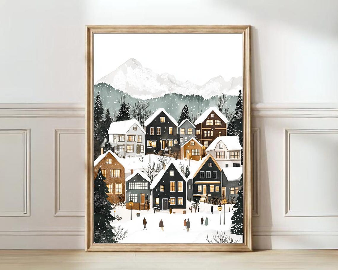 Norway Snowy Hillside Cabins Pines Mountains Winter Art Poster