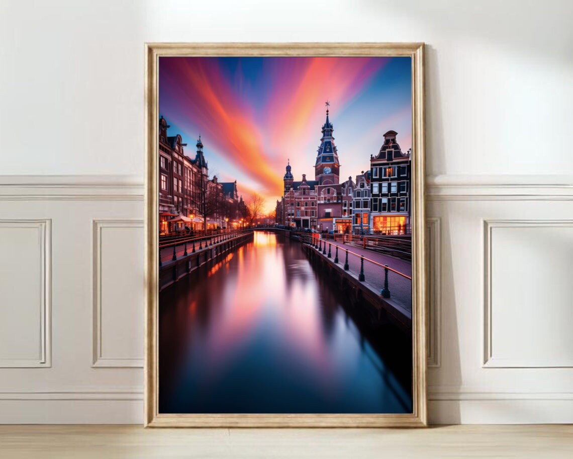 Amsterdam Netherlands Canal Poster at Sunset with Historic Houses
