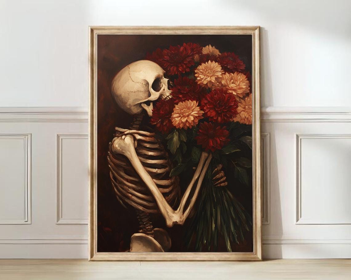 Skeleton With Red Dahlia Bouquet Side Profile Halloween Poster