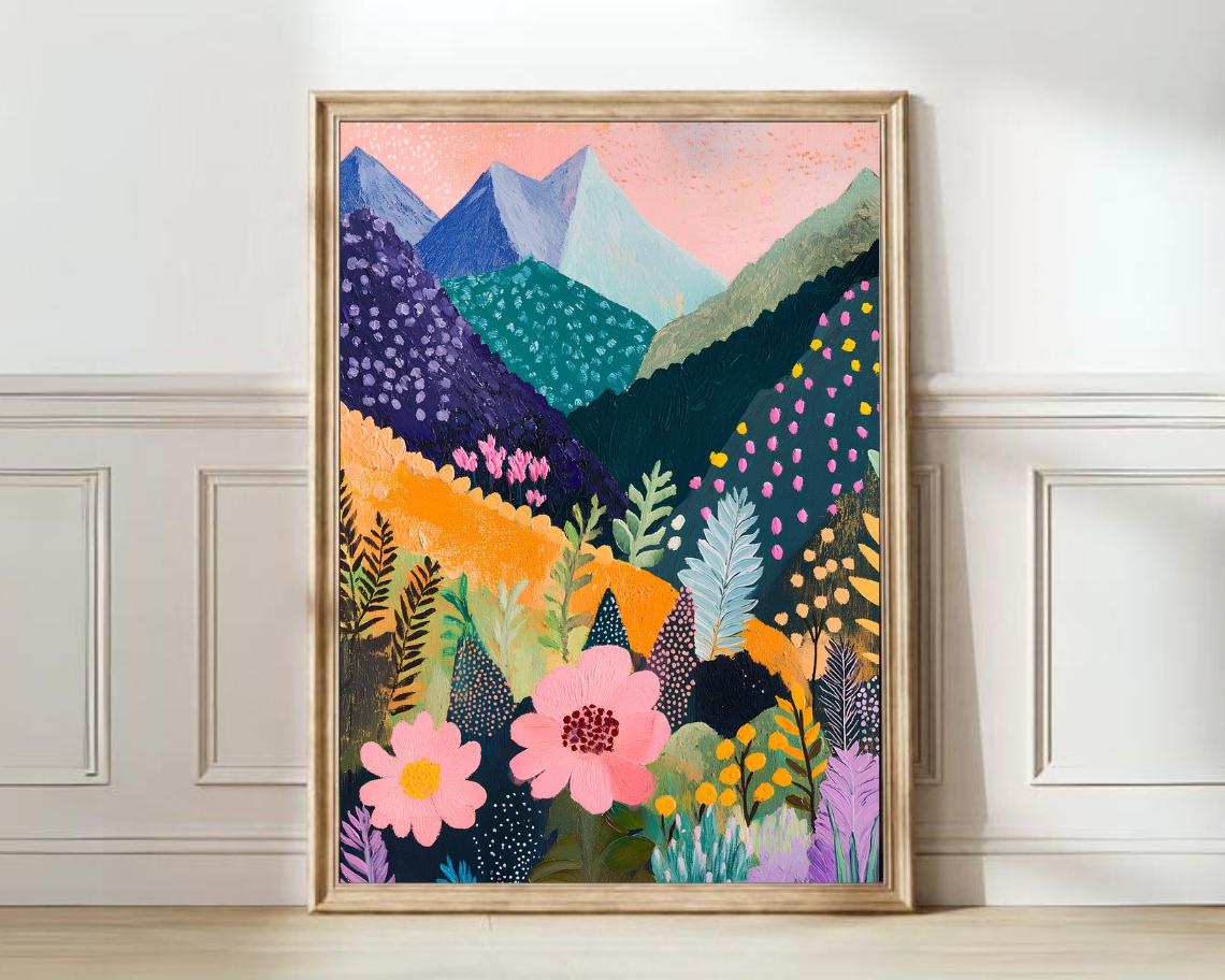 Colorful Mountains Poster, Pastel Abstract Nature
