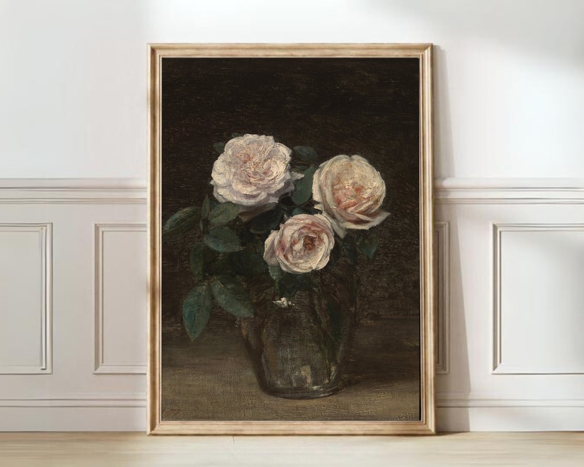 Moody Pink Roses Painting Vintage Flower Print Dark Floral Print Vintage Roses Print Still Life Farmhouse Decor