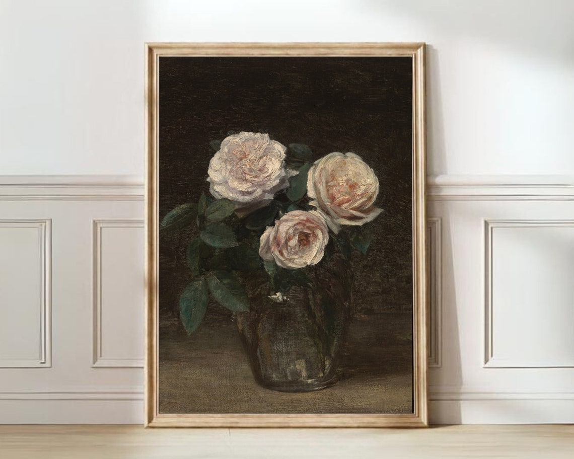 Three Cream White Roses in Vase Dark Moody Vintage Floral Art Print