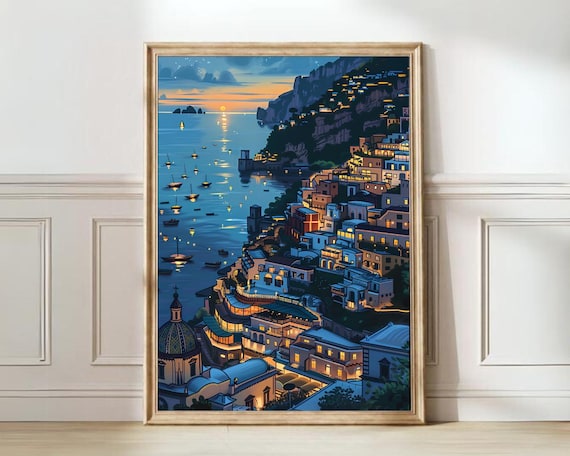 Positano Amalfi Coast Night Lights Seaside Cliffs Illustration Poster