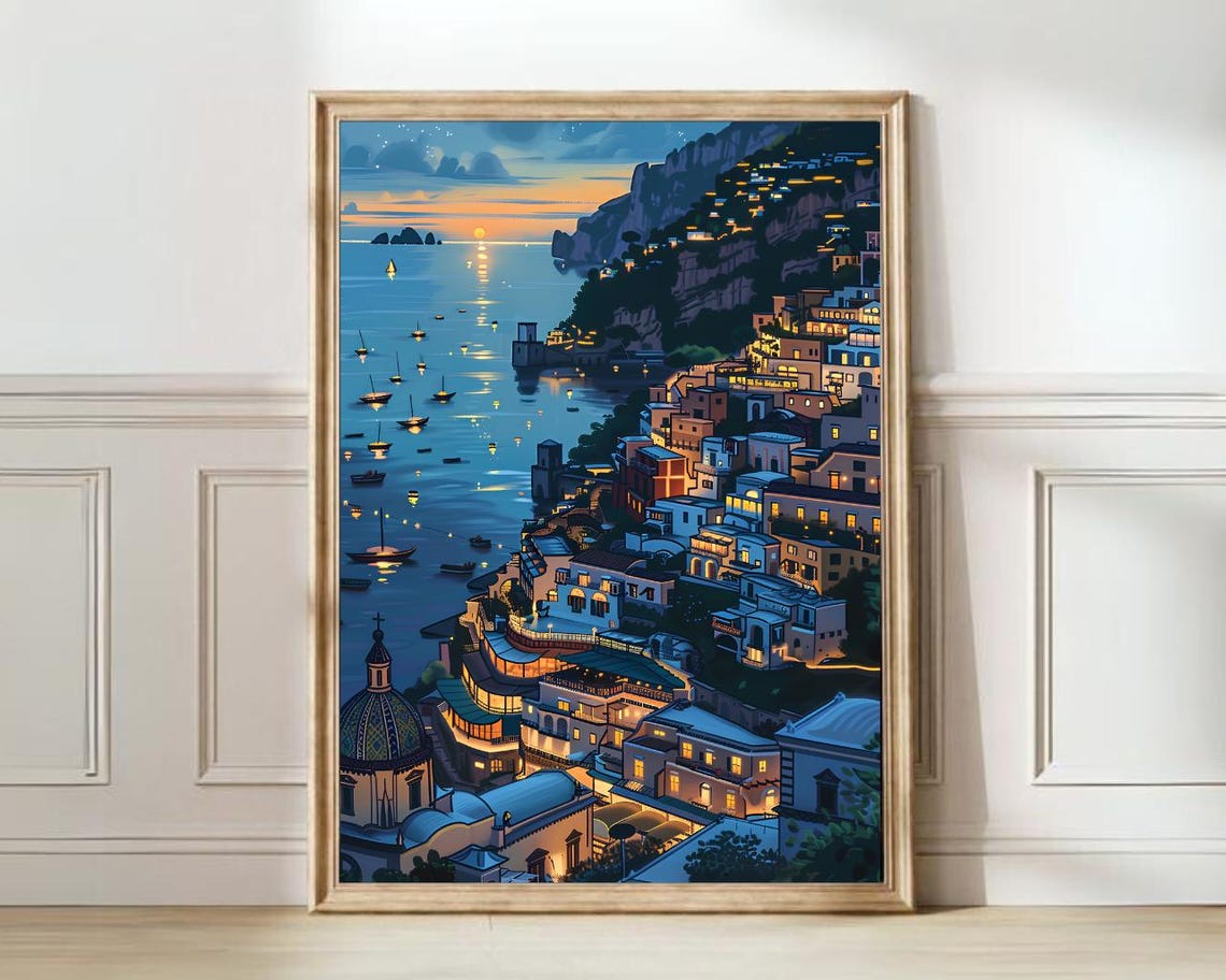 Positano Amalfi Coast Night Lights Seaside Cliffs Illustration Poster